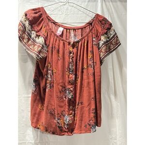 No Boundaries Juniors' Button Front Design Top Floral Large 11-13 Short Sleeve